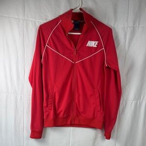 Nike Red Zip Up Track Jacket White Stripe Logo Athletic Medium